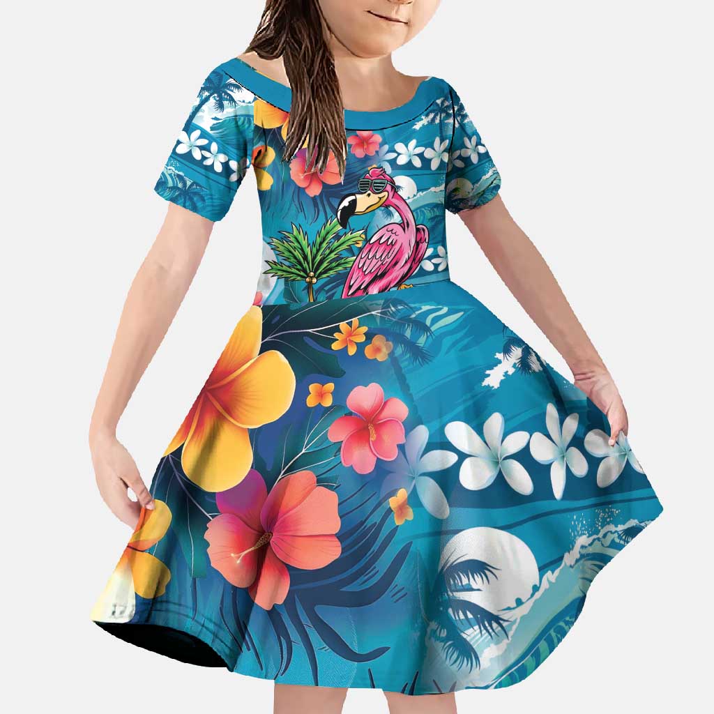 Hawaiian Flamingo Hibiscus Personalised Family Matching Off Shoulder Maxi Dress and Hawaiian Shirt Blue Summer Tropical Flowers - Polynesian Pride