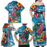 Hawaiian Flamingo Hibiscus Personalised Family Matching Off Shoulder Maxi Dress and Hawaiian Shirt Blue Summer Tropical Flowers - Polynesian Pride