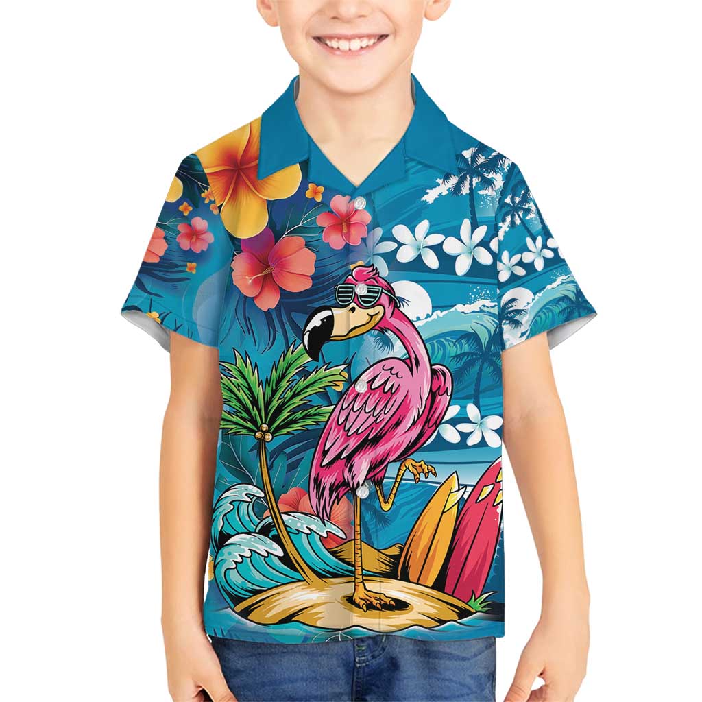 Hawaiian Flamingo Hibiscus Personalised Family Matching Off Shoulder Maxi Dress and Hawaiian Shirt Blue Summer Tropical Flowers - Polynesian Pride