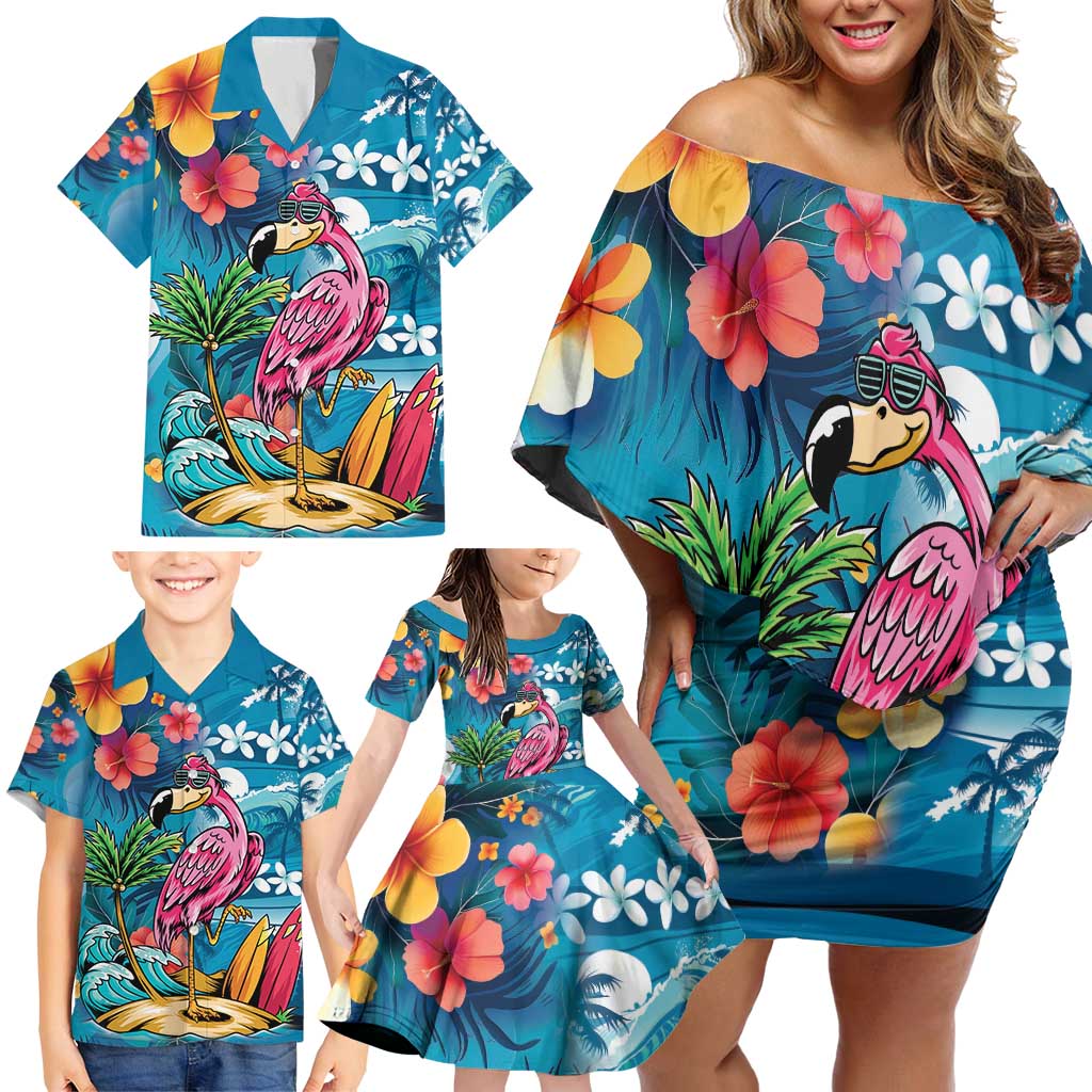 Hawaiian Flamingo Hibiscus Personalised Family Matching Off Shoulder Short Dress and Hawaiian Shirt Blue Summer Tropical Flowers - Polynesian Pride
