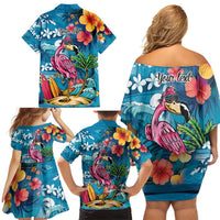 Hawaiian Flamingo Hibiscus Personalised Family Matching Off Shoulder Short Dress and Hawaiian Shirt Blue Summer Tropical Flowers - Polynesian Pride