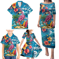 Hawaiian Flamingo Hibiscus Personalised Family Matching Puletasi and Hawaiian Shirt Blue Summer Tropical Flowers - Polynesian Pride