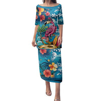 Hawaiian Flamingo Hibiscus Personalised Family Matching Puletasi and Hawaiian Shirt Blue Summer Tropical Flowers - Polynesian Pride