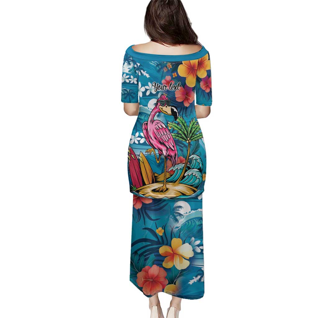 Hawaiian Flamingo Hibiscus Personalised Family Matching Puletasi and Hawaiian Shirt Blue Summer Tropical Flowers - Polynesian Pride