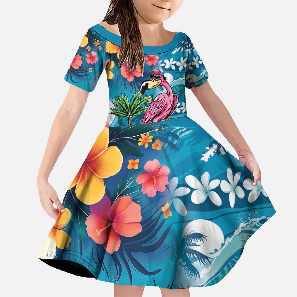 Hawaiian Flamingo Hibiscus Personalised Family Matching Short Sleeve Bodycon Dress and Hawaiian Shirt Blue Summer Tropical Flowers - Polynesian Pride