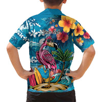 Hawaiian Flamingo Hibiscus Personalised Family Matching Summer Maxi Dress and Hawaiian Shirt Blue Summer Tropical Flowers - Polynesian Pride