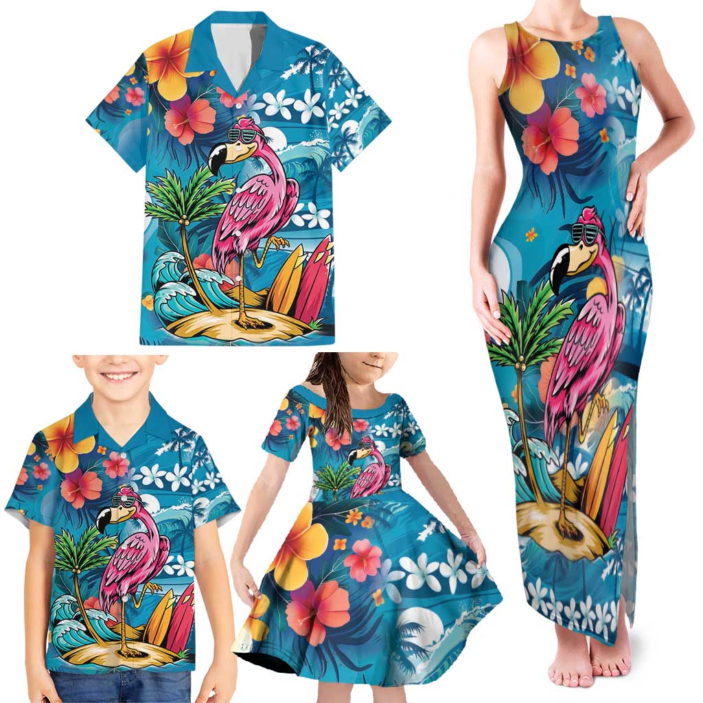 Hawaiian Flamingo Hibiscus Personalised Family Matching Tank Maxi Dress and Hawaiian Shirt Blue Summer Tropical Flowers - Polynesian Pride