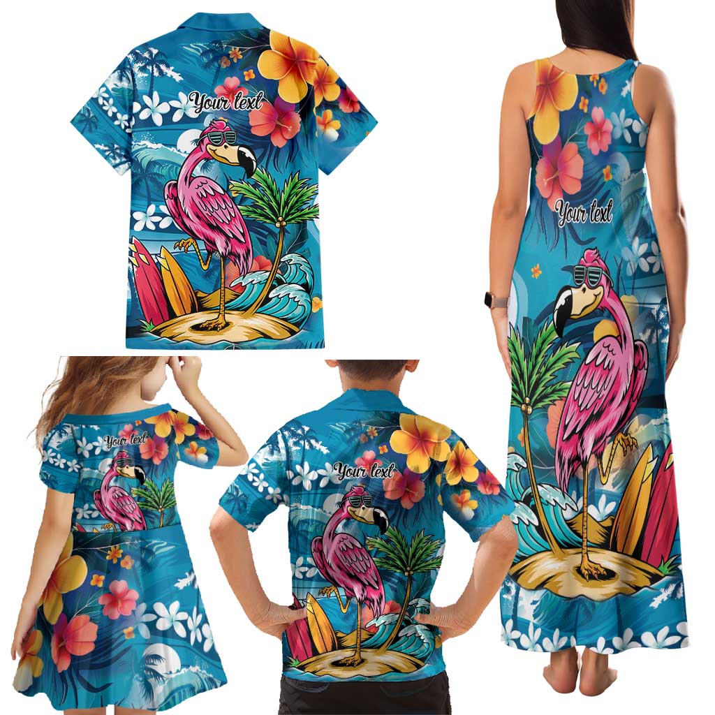 Hawaiian Flamingo Hibiscus Personalised Family Matching Tank Maxi Dress and Hawaiian Shirt Blue Summer Tropical Flowers - Polynesian Pride