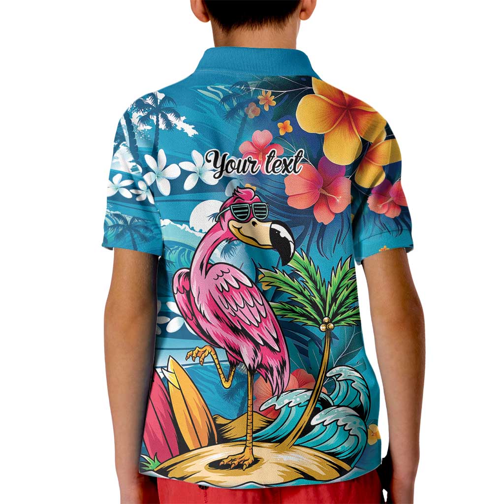 Hawaiian Flamingo Hibiscus Personalised Kid Polo Shirt Blue Summer Tropical Flowers - Polynesian Pride