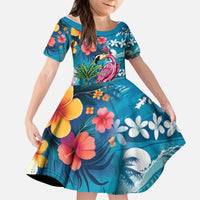 Hawaiian Flamingo Hibiscus Personalised Kid Short Sleeve Dress Blue Summer Tropical Flowers - Polynesian Pride