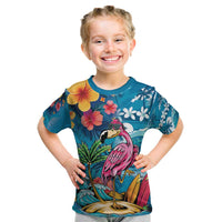 Hawaiian Flamingo Hibiscus Personalised Kid T Shirt Blue Summer Tropical Flowers - Polynesian Pride
