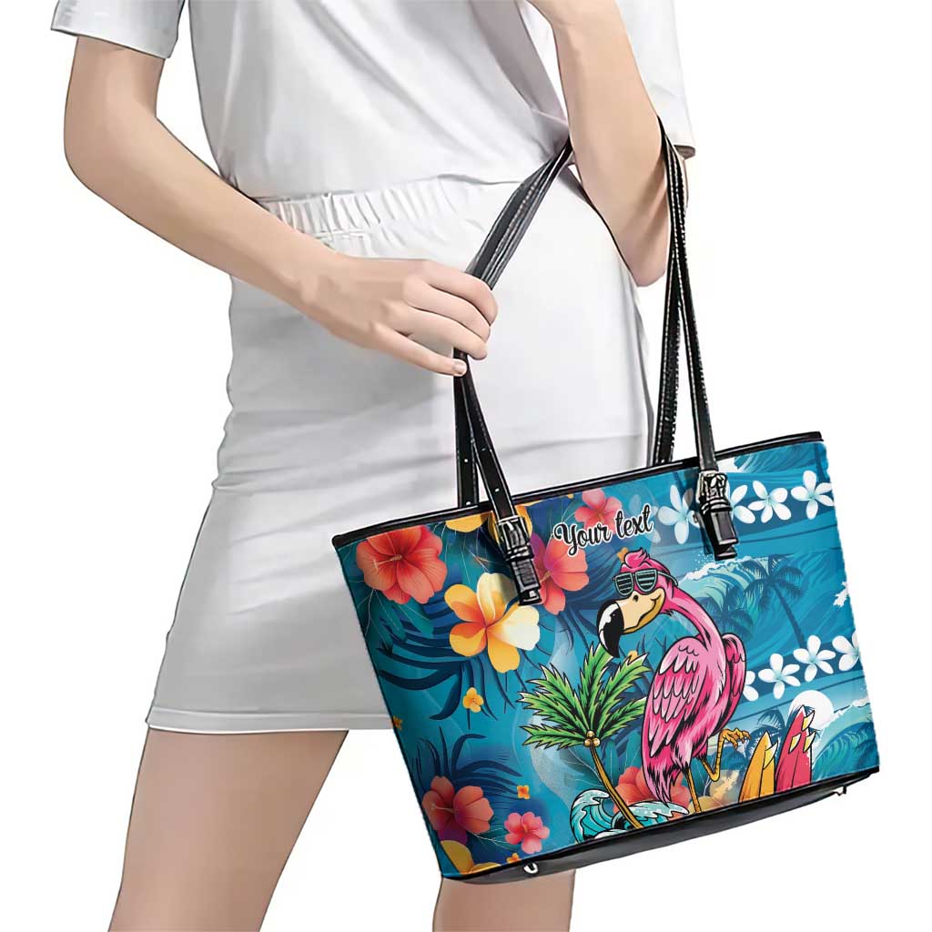 Hawaiian Flamingo Hibiscus Personalised Leather Tote Bag Blue Summer Tropical Flowers - Polynesian Pride