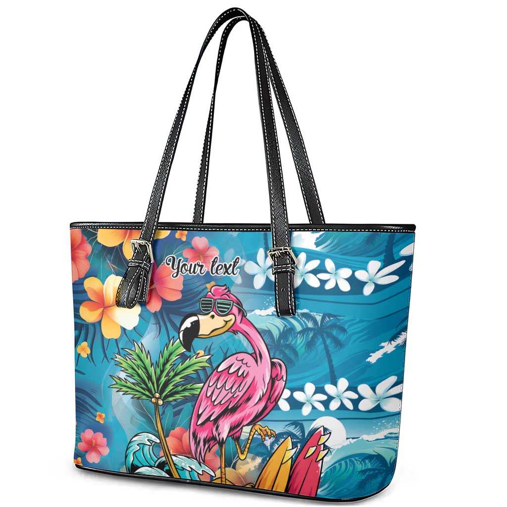 Hawaiian Flamingo Hibiscus Personalised Leather Tote Bag Blue Summer Tropical Flowers - Polynesian Pride