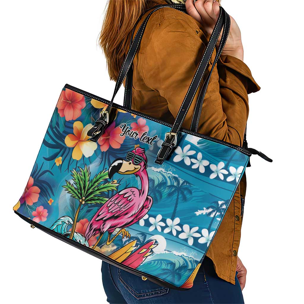 Hawaiian Flamingo Hibiscus Personalised Leather Tote Bag Blue Summer Tropical Flowers - Polynesian Pride
