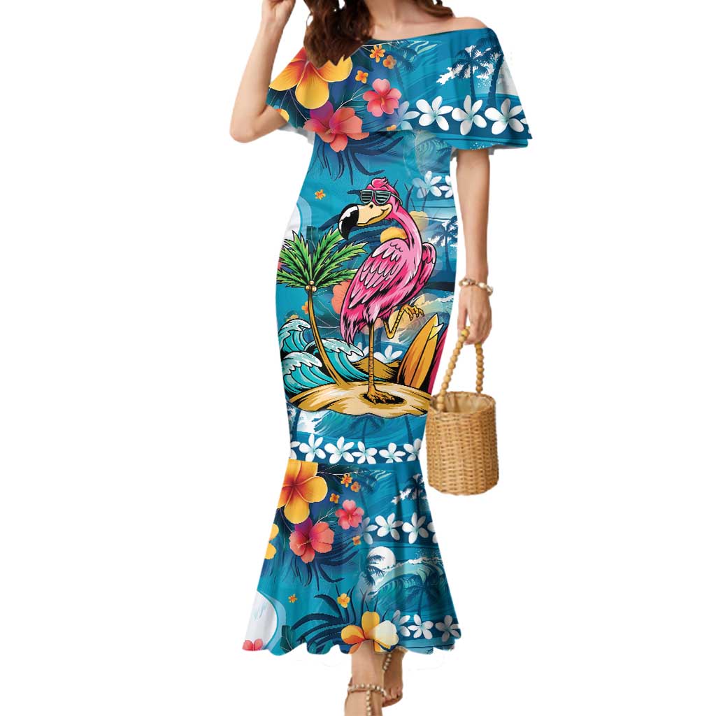 Hawaiian Flamingo Hibiscus Personalised Mermaid Dress Blue Summer Tropical Flowers - Polynesian Pride