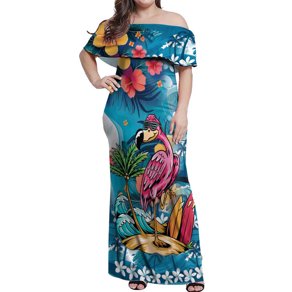 Hawaiian Flamingo Hibiscus Personalised Off Shoulder Maxi Dress Blue Summer Tropical Flowers LT9 Women Blue - Polynesian Pride