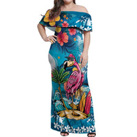 Hawaiian Flamingo Hibiscus Personalised Off Shoulder Maxi Dress Blue Summer Tropical Flowers LT9 Women Blue - Polynesian Pride