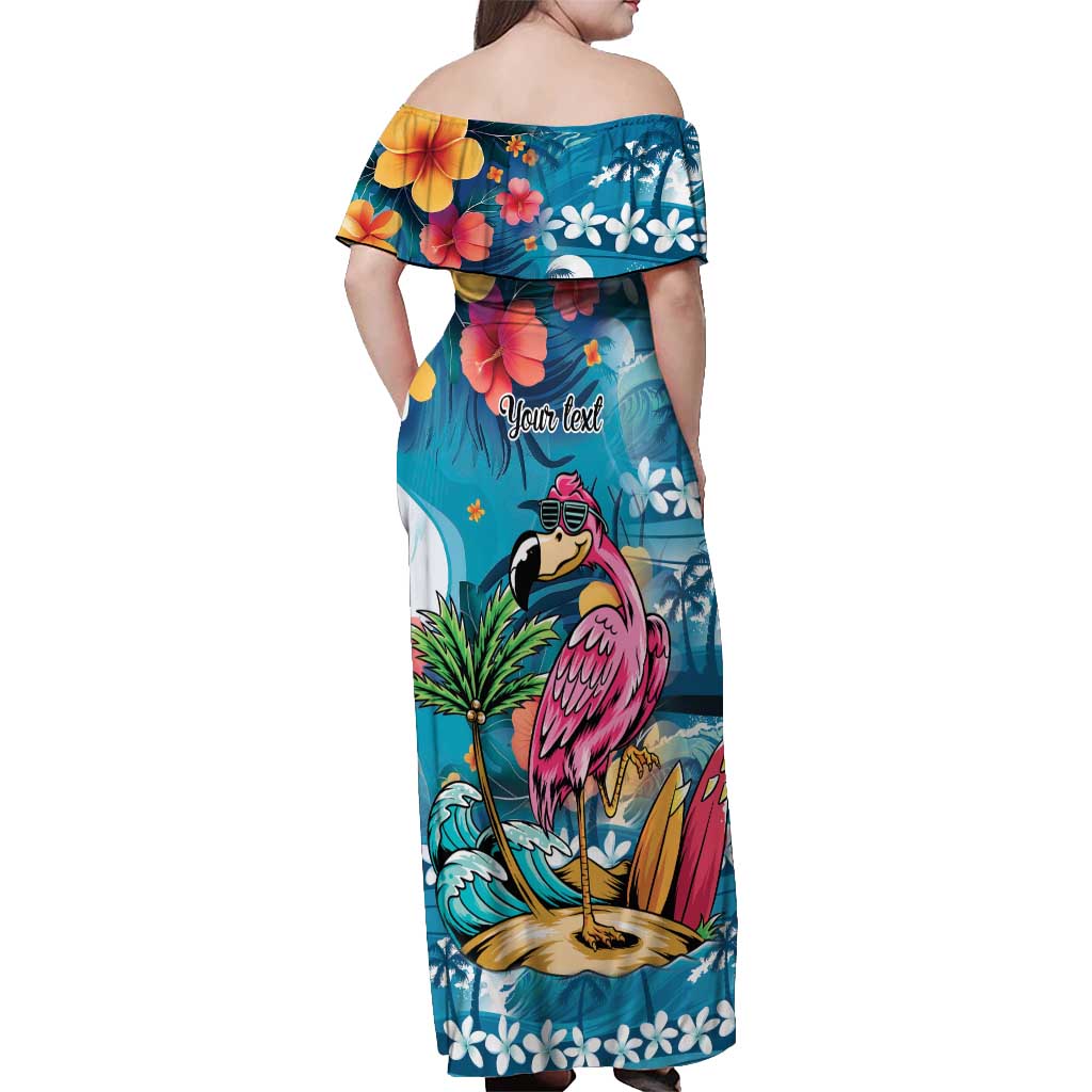 Hawaiian Flamingo Hibiscus Personalised Off Shoulder Maxi Dress Blue Summer Tropical Flowers LT9 - Polynesian Pride