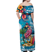 Hawaiian Flamingo Hibiscus Personalised Off Shoulder Maxi Dress Blue Summer Tropical Flowers LT9 - Polynesian Pride