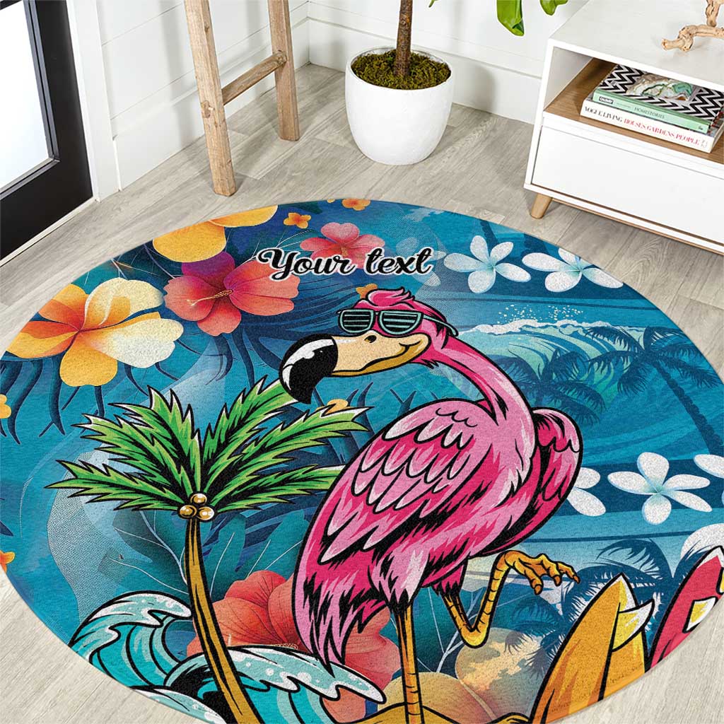 Hawaiian Flamingo Hibiscus Personalised Round Carpet Blue Summer Tropical Flowers - Polynesian Pride