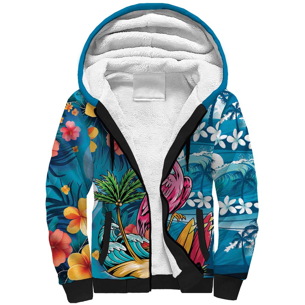 Hawaiian Flamingo Hibiscus Personalised Sherpa Hoodie Blue Summer Tropical Flowers - Polynesian Pride