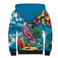 Hawaiian Flamingo Hibiscus Personalised Sherpa Hoodie Blue Summer Tropical Flowers - Polynesian Pride