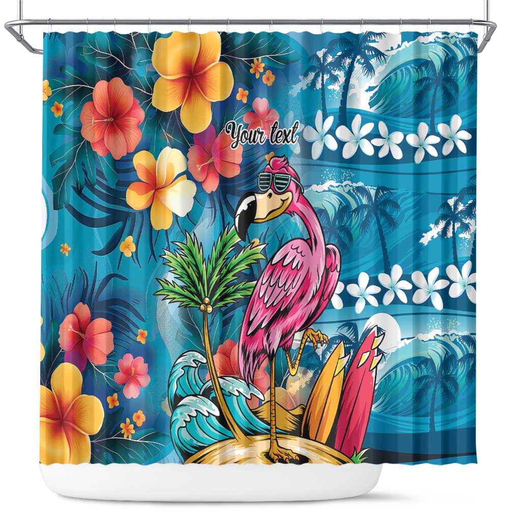 Hawaiian Flamingo Hibiscus Personalised Shower Curtain Blue Summer Tropical Flowers - Polynesian Pride
