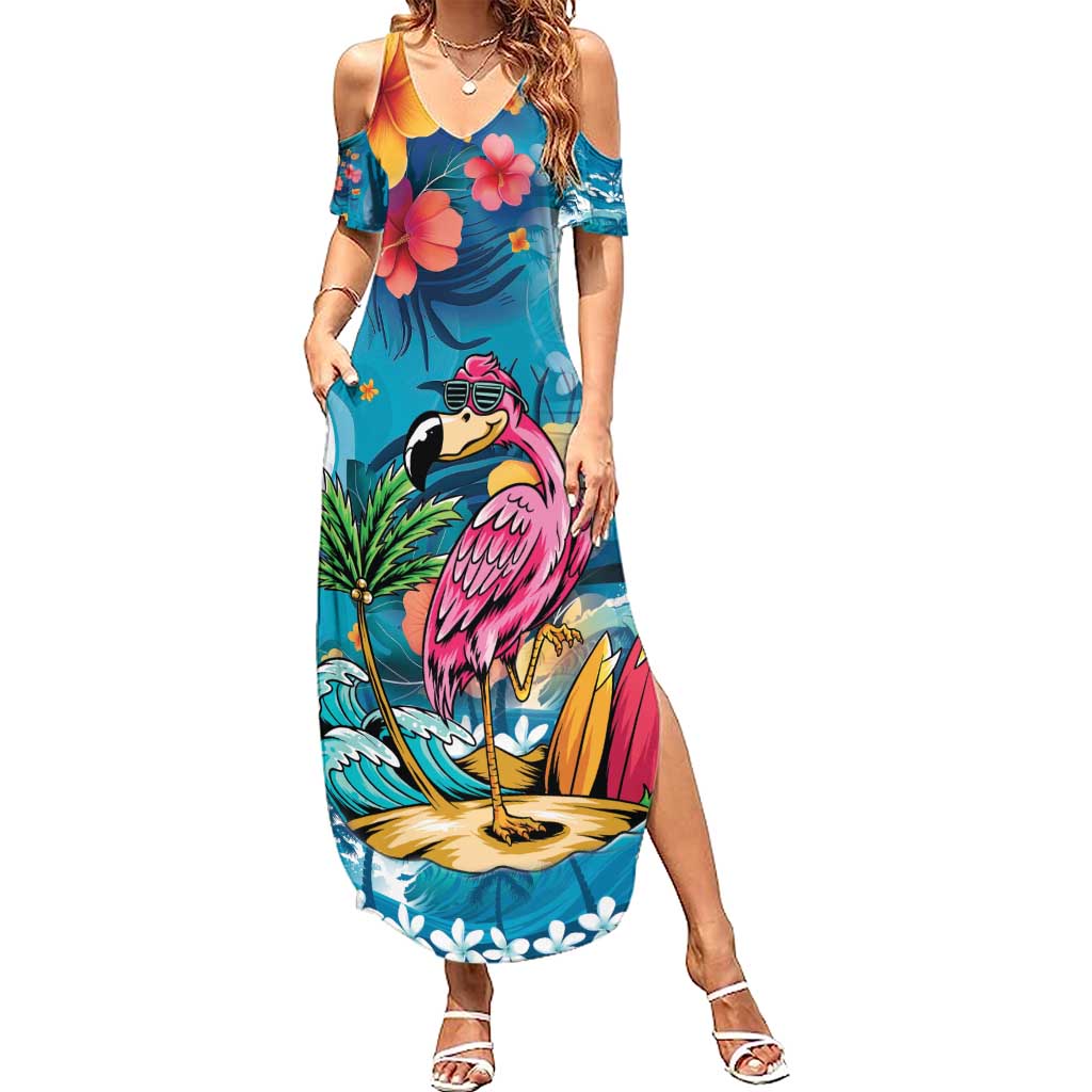 Hawaiian Flamingo Hibiscus Personalised Summer Maxi Dress Blue Summer Tropical Flowers - Polynesian Pride