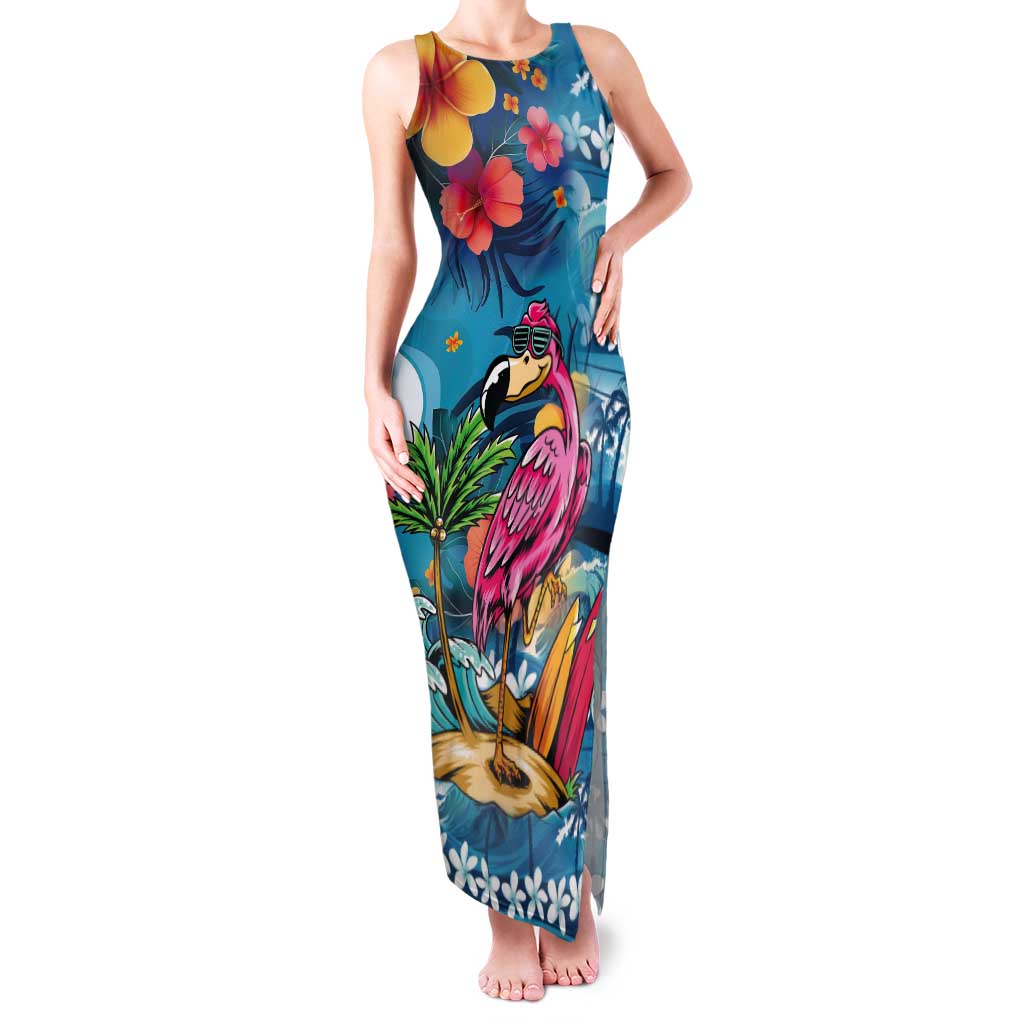 Hawaiian Flamingo Hibiscus Personalised Tank Maxi Dress Blue Summer Tropical Flowers - Polynesian Pride