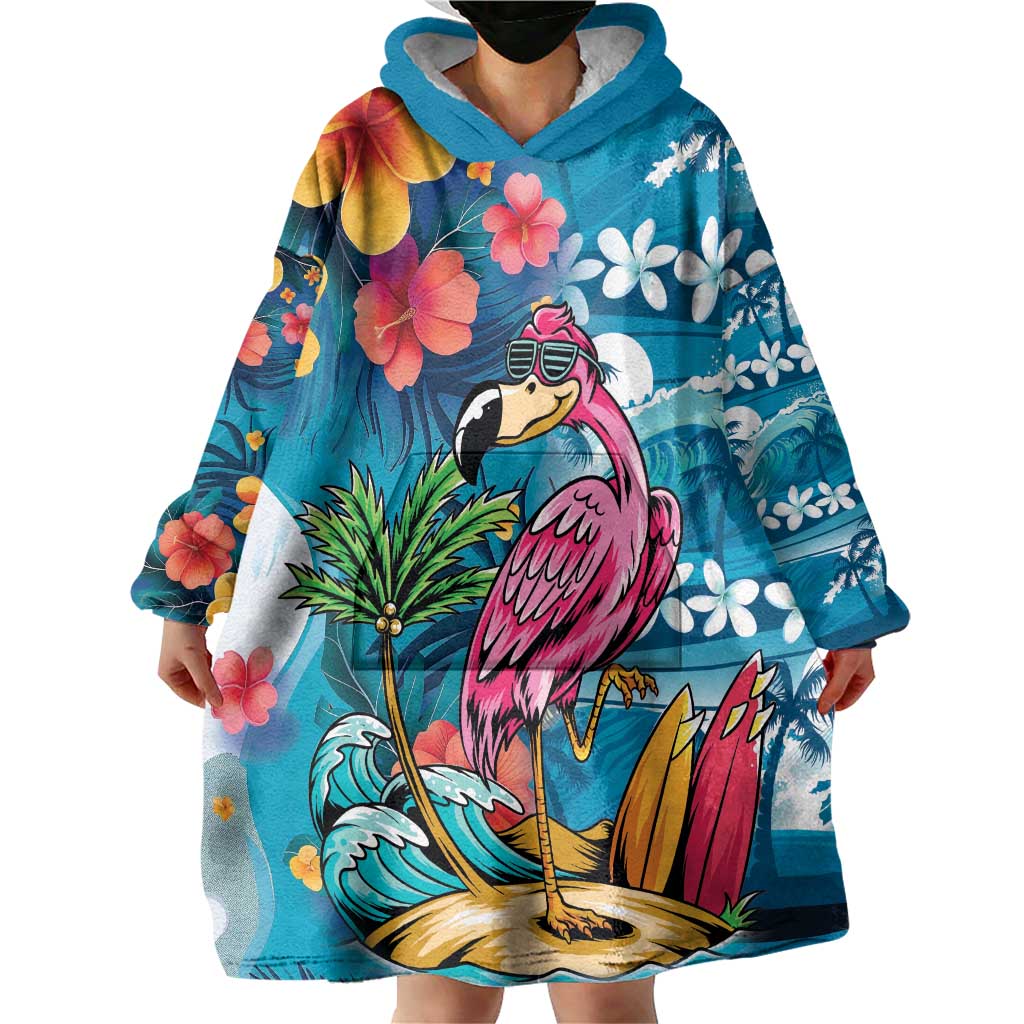 Hawaiian Flamingo Hibiscus Personalised Wearable Blanket Hoodie Blue Summer Tropical Flowers - Polynesian Pride