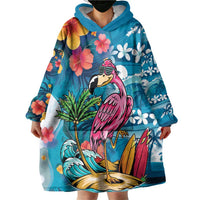 Hawaiian Flamingo Hibiscus Personalised Wearable Blanket Hoodie Blue Summer Tropical Flowers - Polynesian Pride