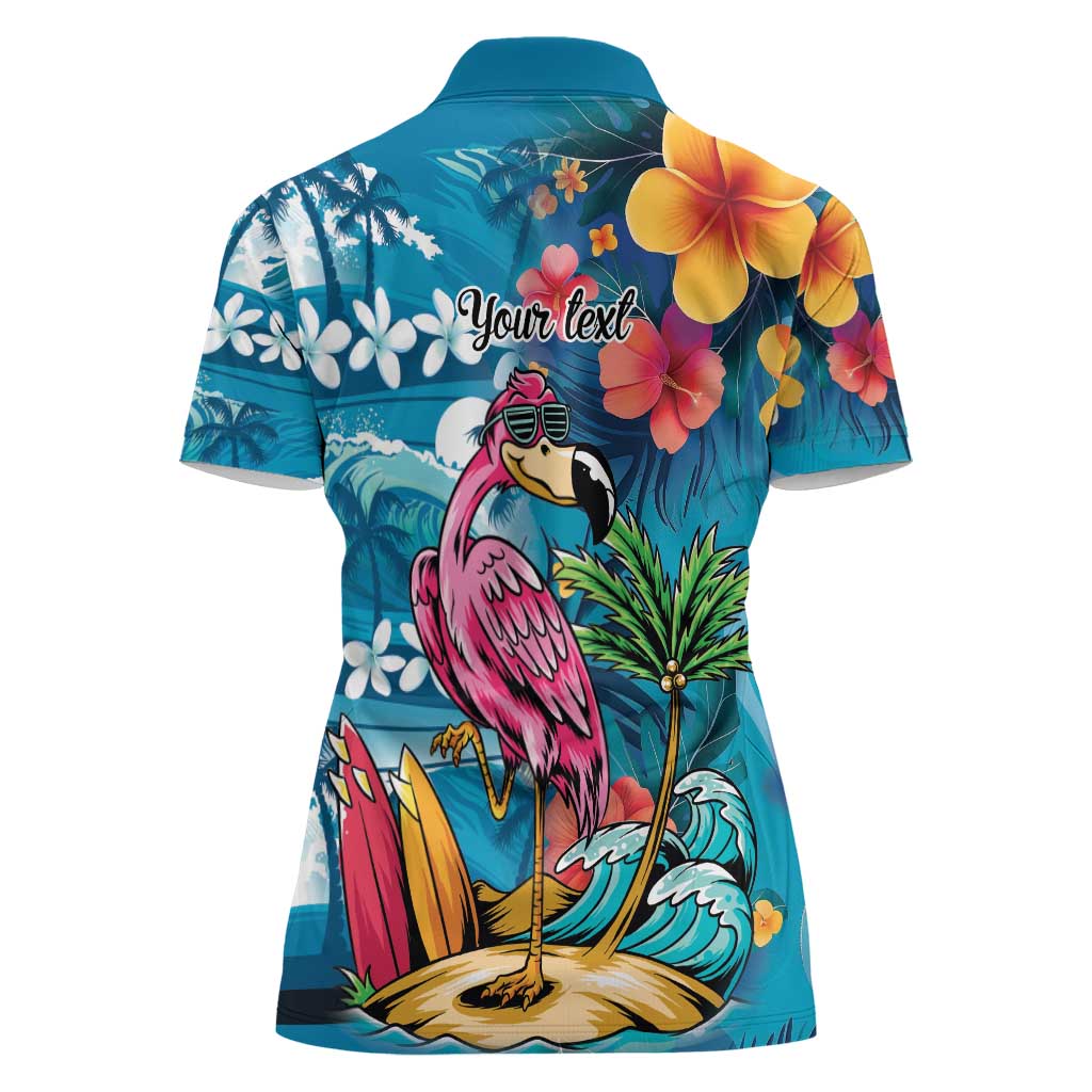Hawaiian Flamingo Hibiscus Personalised Women Polo Shirt Blue Summer Tropical Flowers - Polynesian Pride