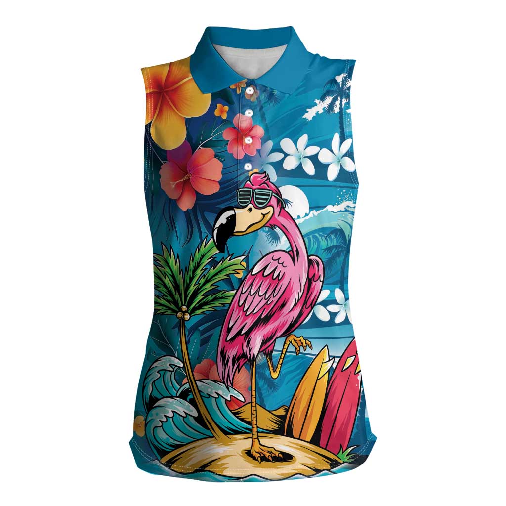 Hawaiian Flamingo Hibiscus Personalised Women Sleeveless Polo Shirt Blue Summer Tropical Flowers - Polynesian Pride