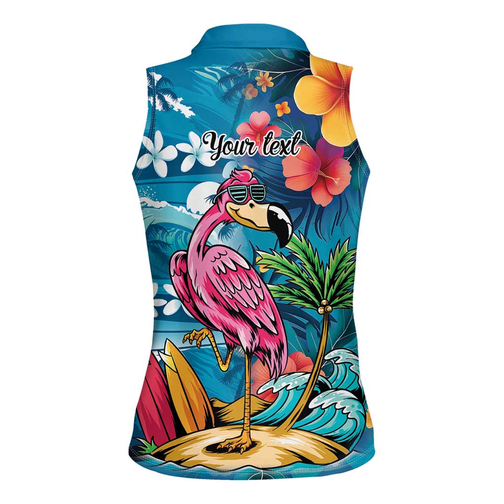 Hawaiian Flamingo Hibiscus Personalised Women Sleeveless Polo Shirt Blue Summer Tropical Flowers - Polynesian Pride