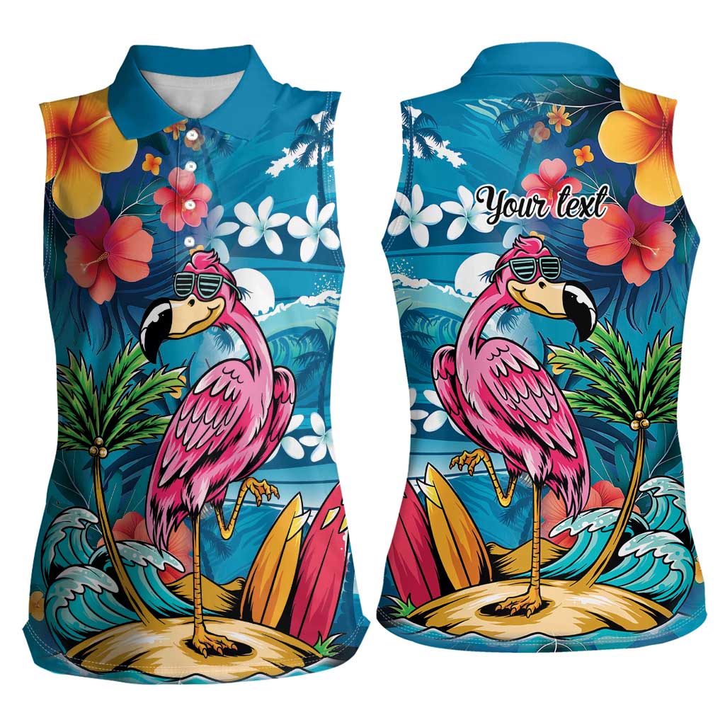 Hawaiian Flamingo Hibiscus Personalised Women Sleeveless Polo Shirt Blue Summer Tropical Flowers - Polynesian Pride