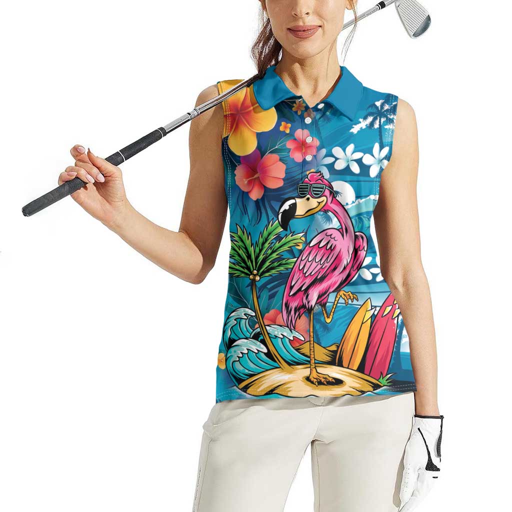 Hawaiian Flamingo Hibiscus Personalised Women Sleeveless Polo Shirt Blue Summer Tropical Flowers - Polynesian Pride
