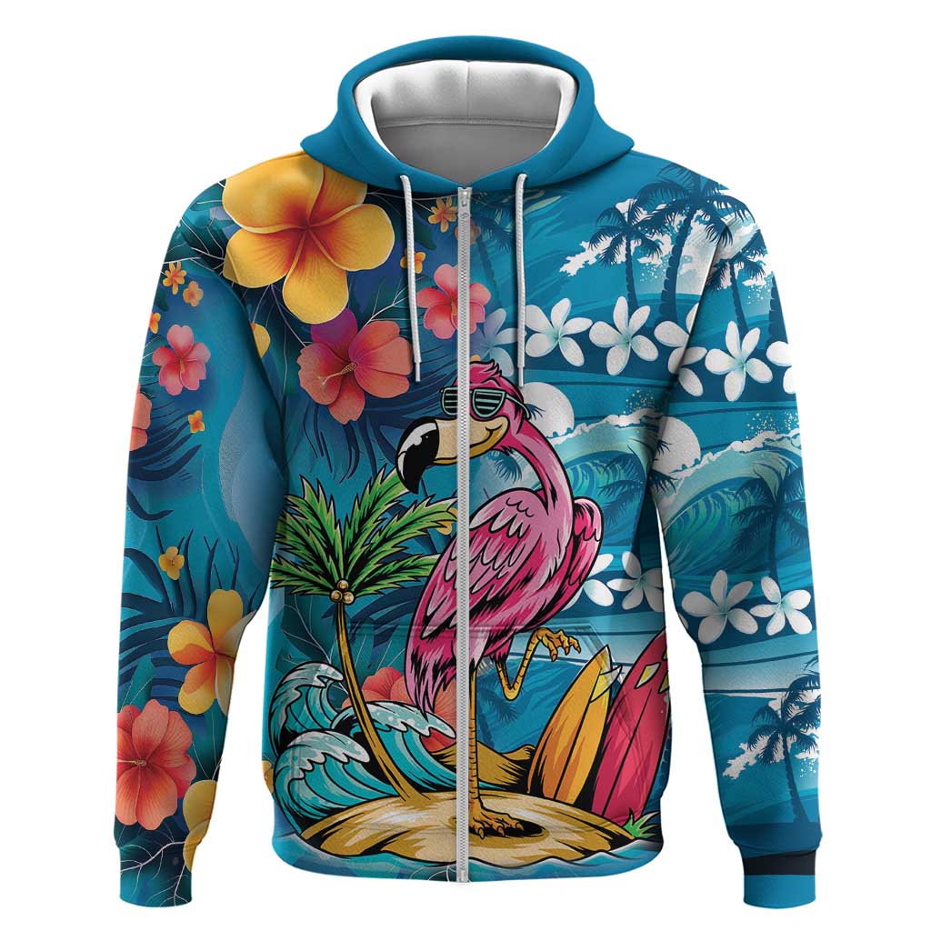 Hawaiian Flamingo Hibiscus Personalised Zip Hoodie Blue Summer Tropical Flowers - Polynesian Pride