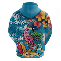Hawaiian Flamingo Hibiscus Personalised Zip Hoodie Blue Summer Tropical Flowers - Polynesian Pride
