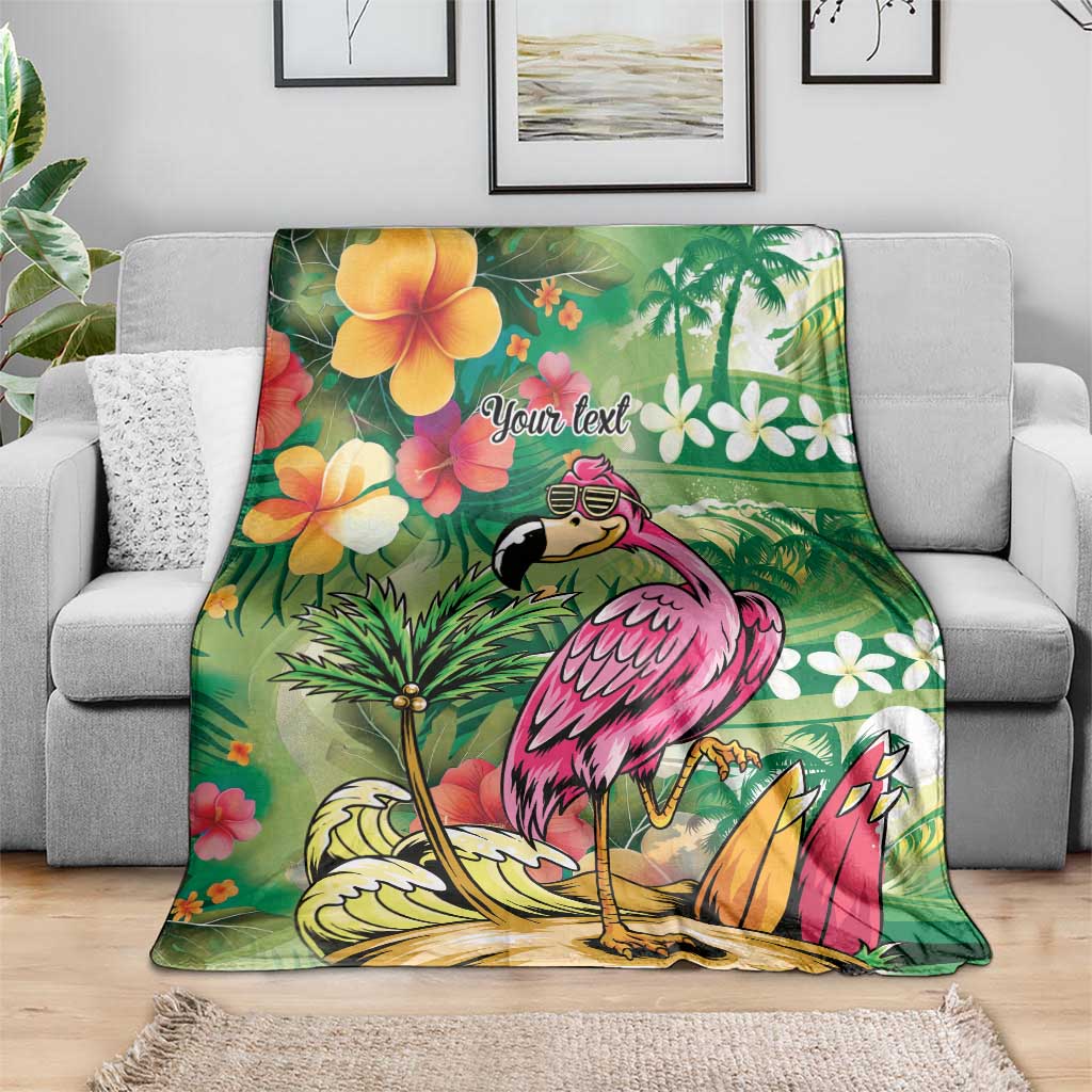 Hawaiian Flamingo Hibiscus Personalised Blanket Green Summer Tropical Flowers - Polynesian Pride