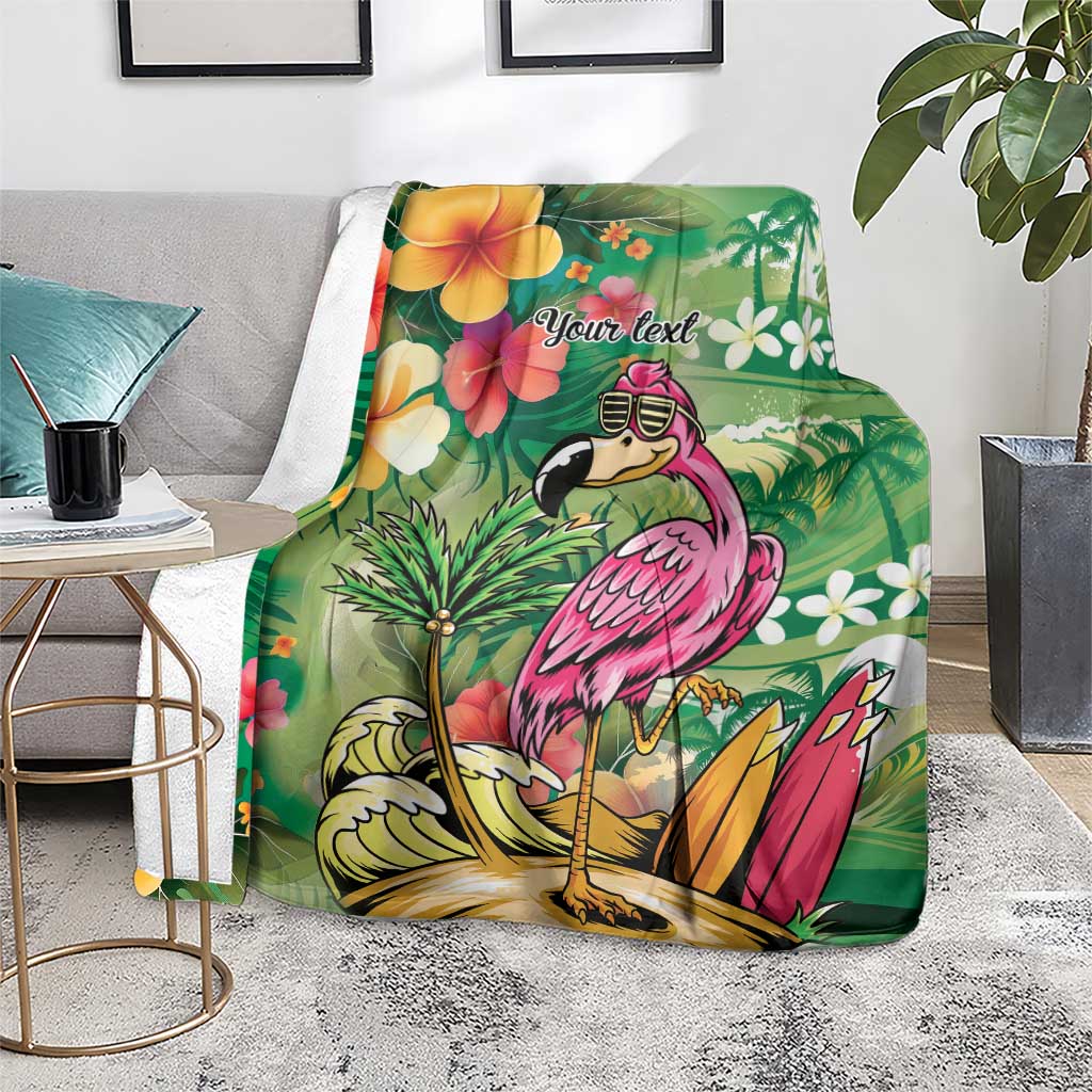 Hawaiian Flamingo Hibiscus Personalised Blanket Green Summer Tropical Flowers - Polynesian Pride