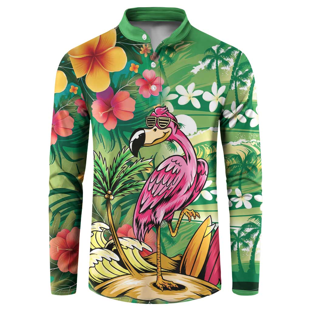 Hawaiian Flamingo Hibiscus Personalised Button Sweatshirt Green Summer Tropical Flowers LT9 Green - Polynesian Pride