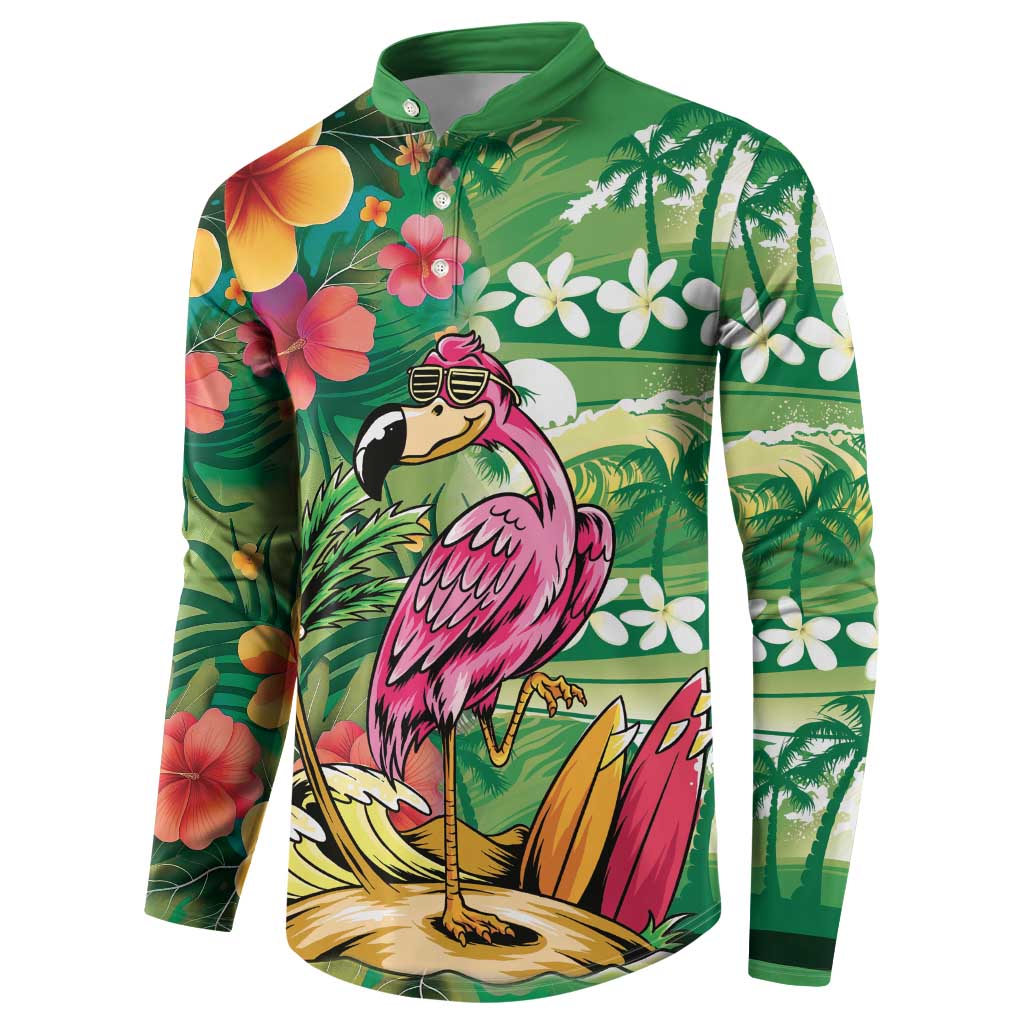 Hawaiian Flamingo Hibiscus Personalised Button Sweatshirt Green Summer Tropical Flowers LT9 - Polynesian Pride
