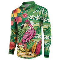Hawaiian Flamingo Hibiscus Personalised Button Sweatshirt Green Summer Tropical Flowers LT9 - Polynesian Pride
