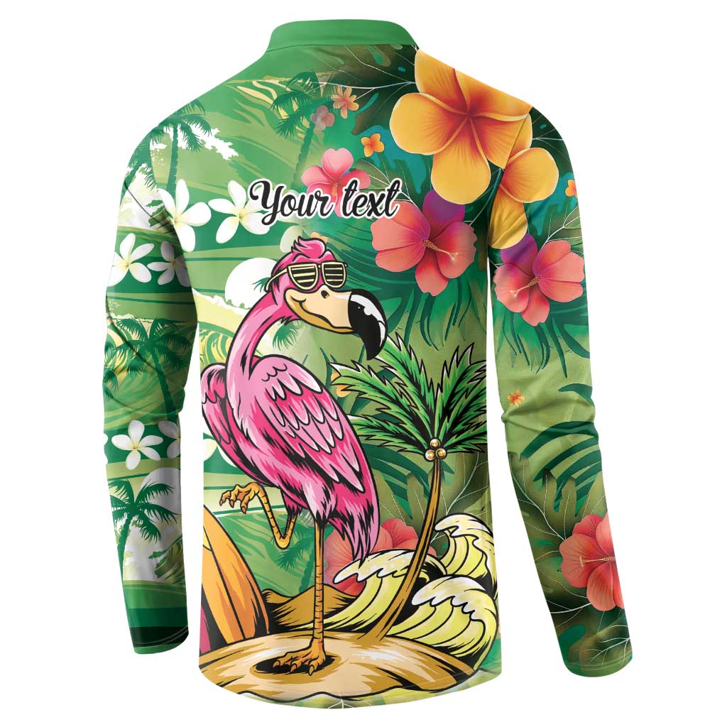 Hawaiian Flamingo Hibiscus Personalised Button Sweatshirt Green Summer Tropical Flowers LT9 - Polynesian Pride
