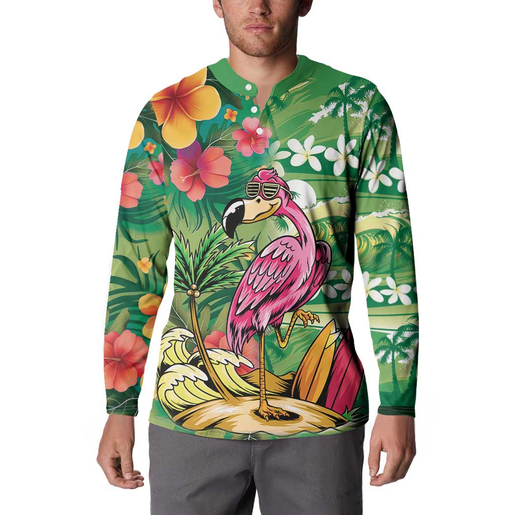 Hawaiian Flamingo Hibiscus Personalised Button Sweatshirt Green Summer Tropical Flowers LT9 - Polynesian Pride