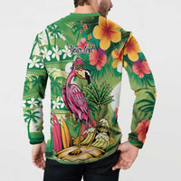 Hawaiian Flamingo Hibiscus Personalised Button Sweatshirt Green Summer Tropical Flowers LT9 - Polynesian Pride