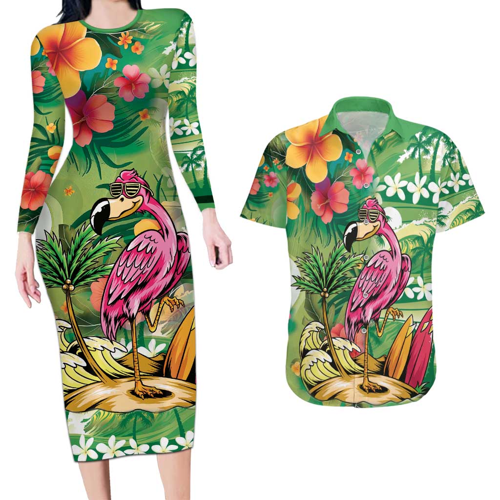 Hawaiian Flamingo Hibiscus Personalised Couples Matching Long Sleeve Bodycon Dress and Hawaiian Shirt Green Summer Tropical Flowers - Polynesian Pride