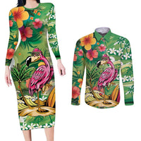 Hawaiian Flamingo Hibiscus Personalised Couples Matching Long Sleeve Bodycon Dress and Long Sleeve Button Shirt Green Summer Tropical Flowers - Polynesian Pride