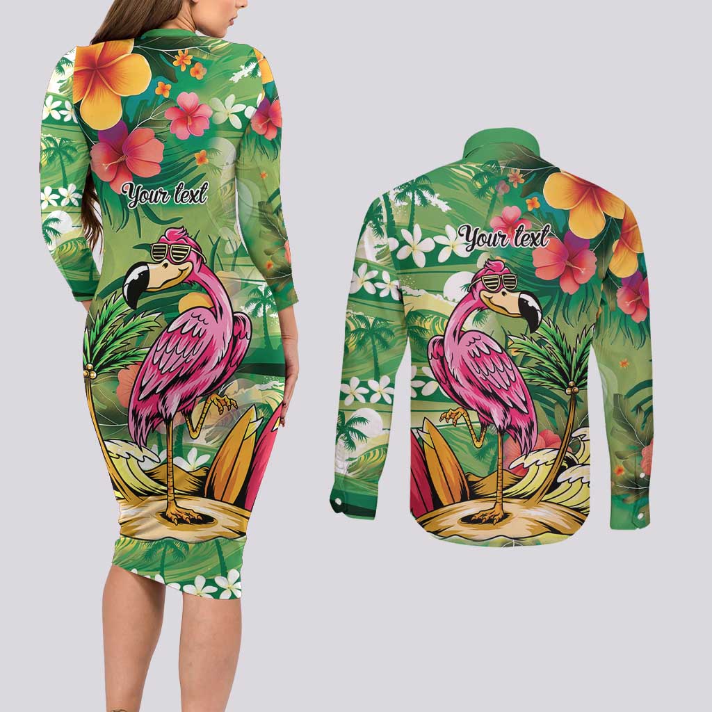 Hawaiian Flamingo Hibiscus Personalised Couples Matching Long Sleeve Bodycon Dress and Long Sleeve Button Shirt Green Summer Tropical Flowers - Polynesian Pride