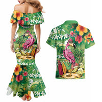 Hawaiian Flamingo Hibiscus Personalised Couples Matching Mermaid Dress and Hawaiian Shirt Green Summer Tropical Flowers - Polynesian Pride
